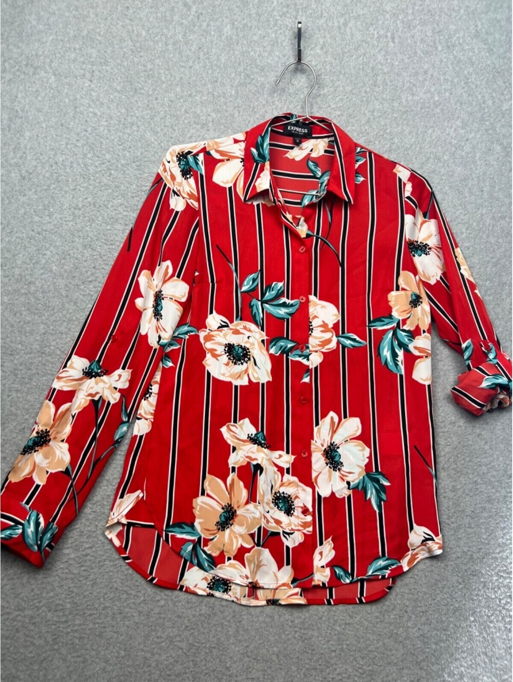 Express Portfolio Floral Sheer Button Up Shirt Womens XS Roll Tab Sleeve Office